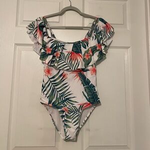 M Tropical Floral Ruffle 1 Piece Swim w Adjustable Strap & Off Shoulder Sleeve